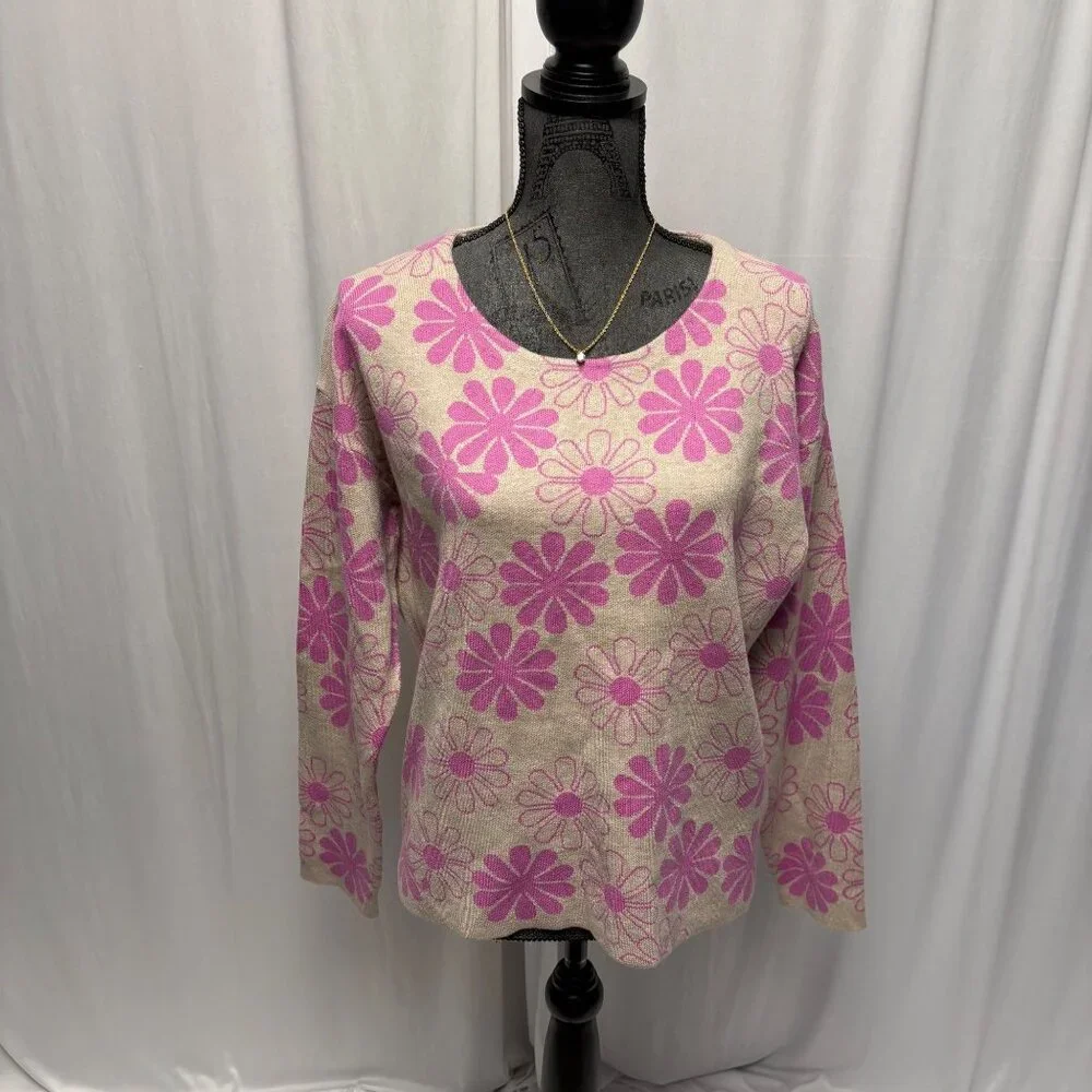 Rachel Zoe Sweater Womens Sz Large Pink Beige Floral Long Sleeve Retro Whimsical - Picture 1 of 7